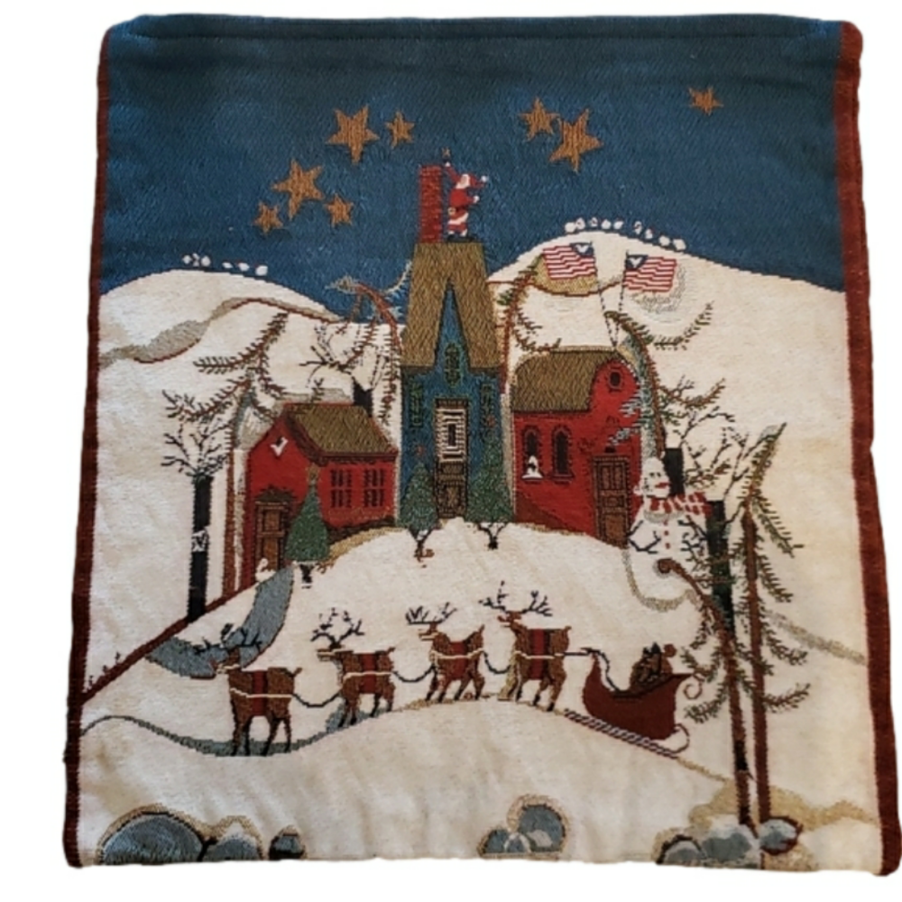𝅺pillow Cover Tapestry Embroidered Christmas Scene Reindeers Santa Sled 17"
